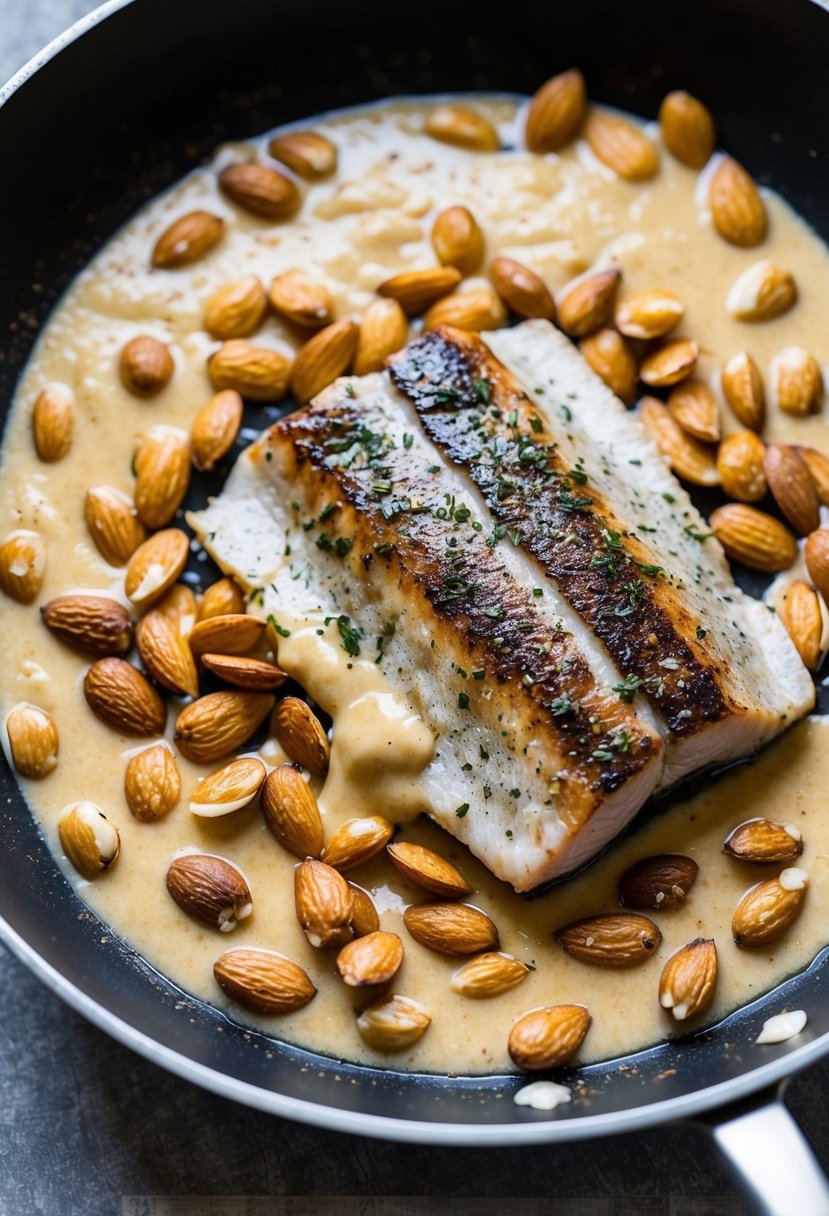 A sizzling trout fillet in a pan, surrounded by toasted almonds and a creamy almond butter sauce