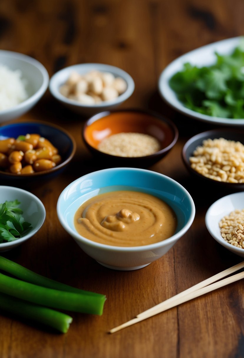 A small dish of peanut satay sauce surrounded by various Asian dipping ingredients