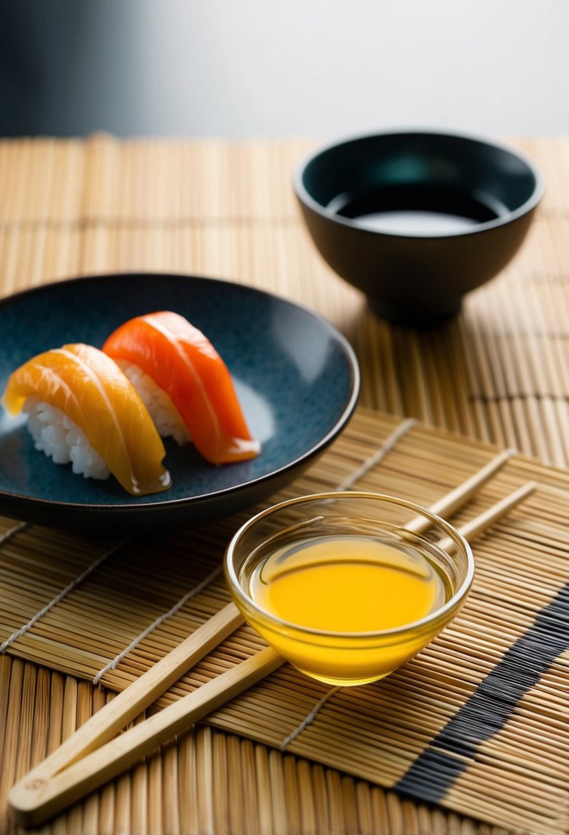 A small bowl of ginger soy sauce sits next to a plate of sushi, with chopsticks placed neatly on a bamboo mat