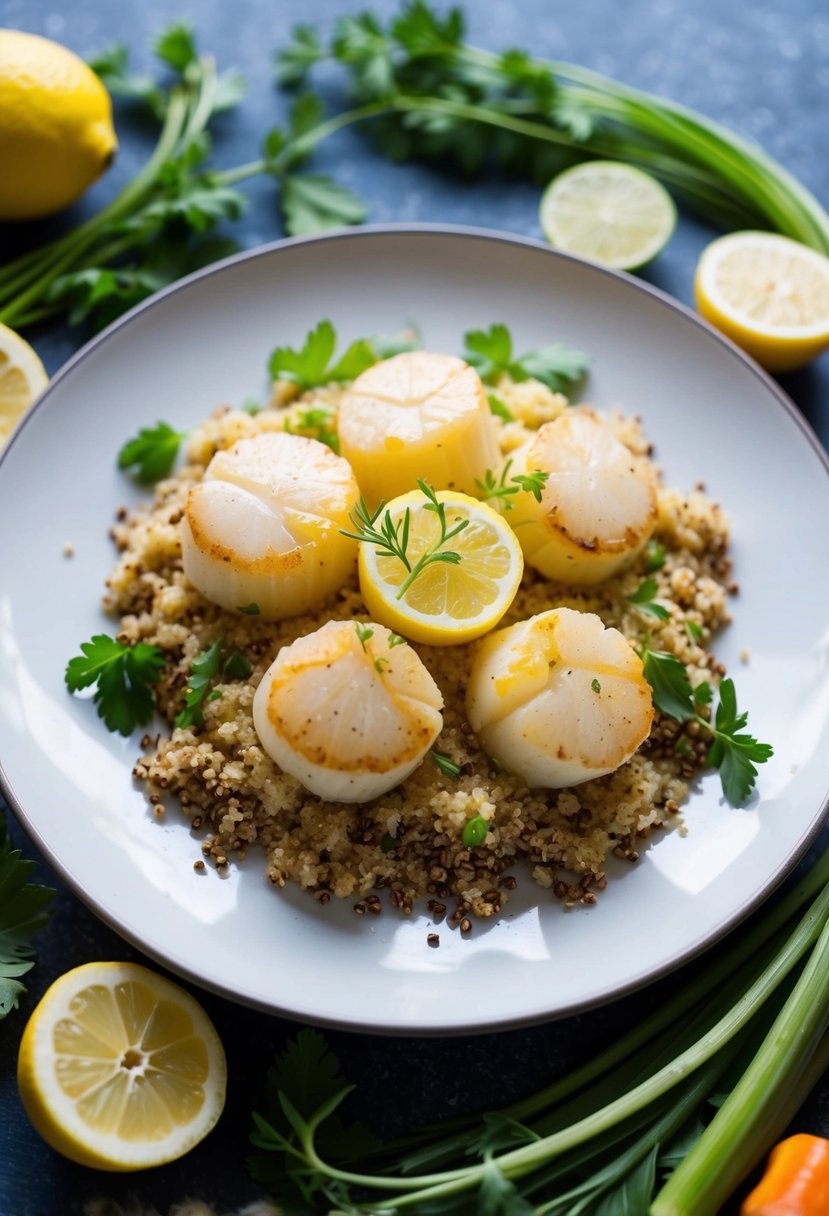 A plate of lemon butter scallops on a bed of quinoa, surrounded by fresh herbs and colorful vegetables