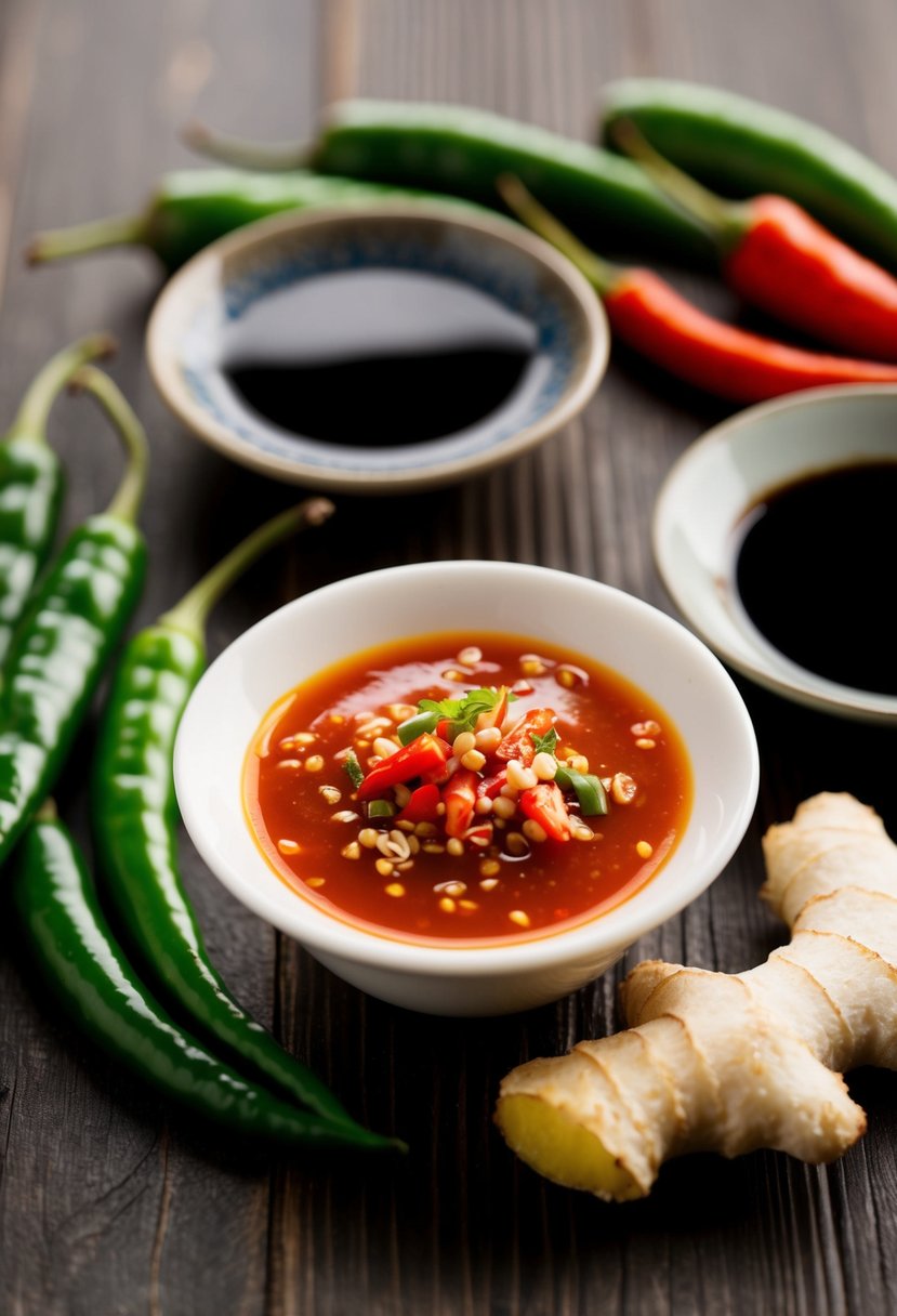 A small dish of spicy Szechuan dipping sauce surrounded by Asian-inspired ingredients like chili peppers, soy sauce, and ginger