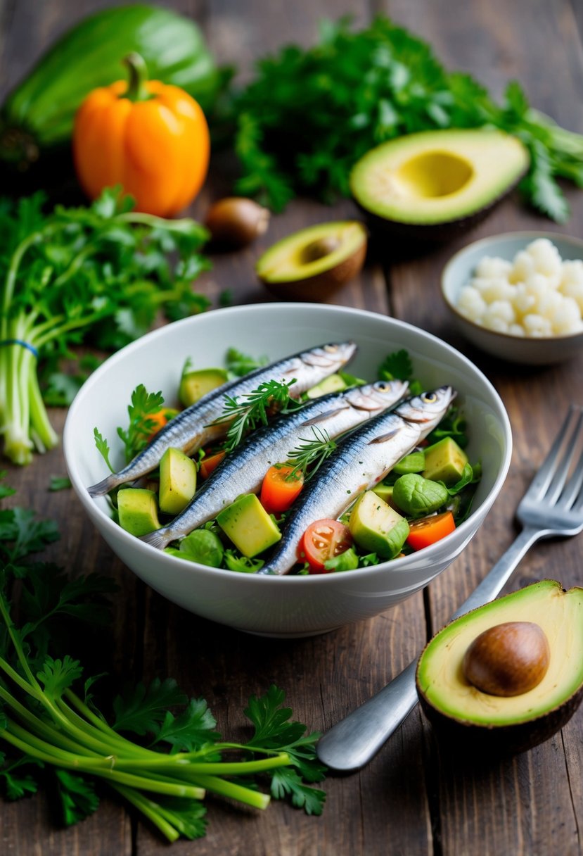 A bowl of sardine and avocado salad surrounded by fresh vegetables and herbs on a wooden table