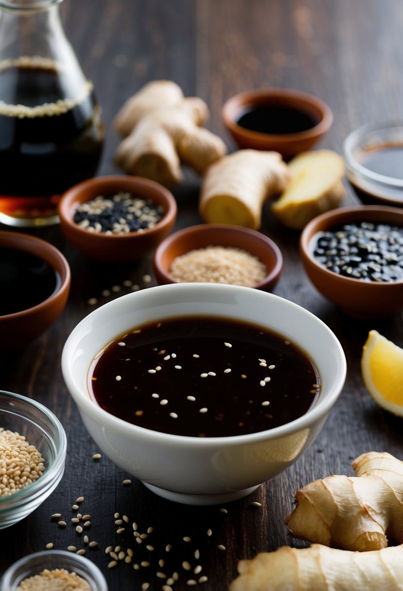 A small bowl of teriyaki dipping sauce surrounded by various Asian ingredients like soy sauce, ginger, and sesame seeds