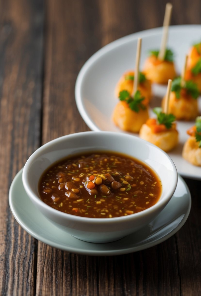 A small bowl of Hoisin Garlic Sauce sits beside a plate of Asian appetizers