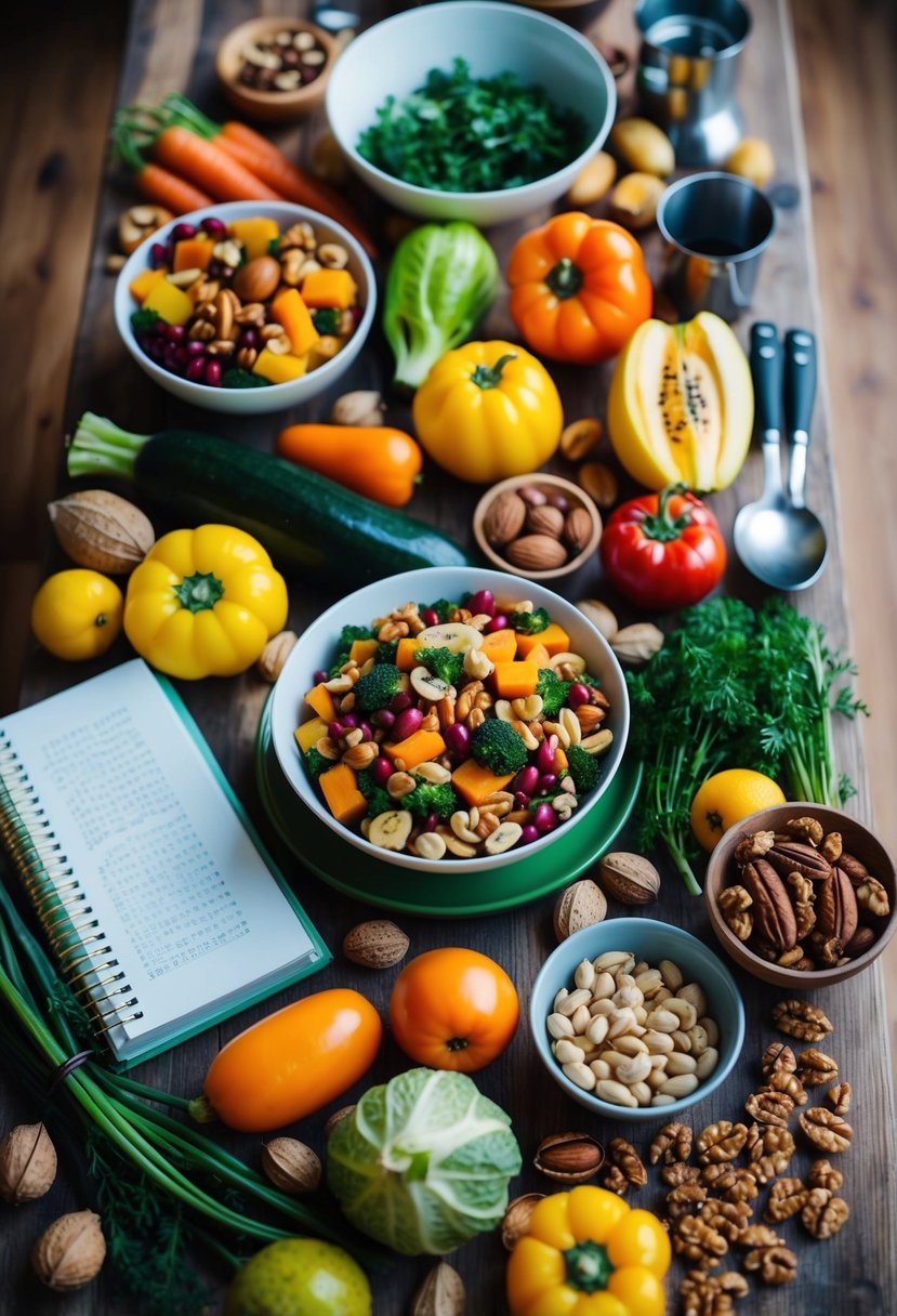 A table filled with colorful vegetables, nuts, and fruits, surrounded by cooking utensils and a cookbook