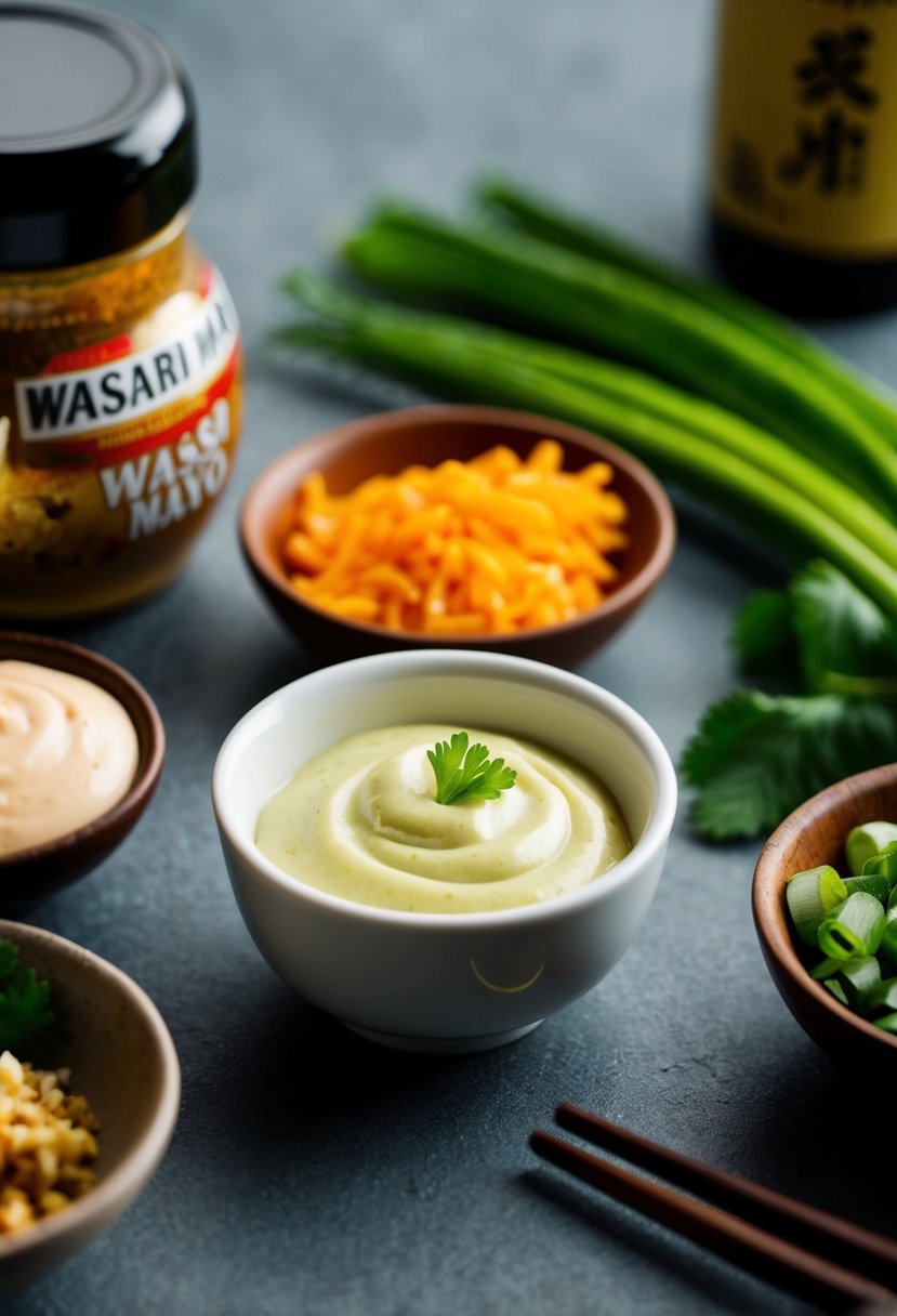 A small dish of wasabi mayo dipping sauce surrounded by Asian ingredients and condiments