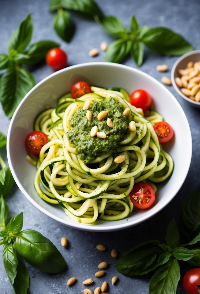 A bowl of zucchini noodles topped with pesto sauce, surrounded by fresh basil leaves, pine nuts, and cherry tomatoes