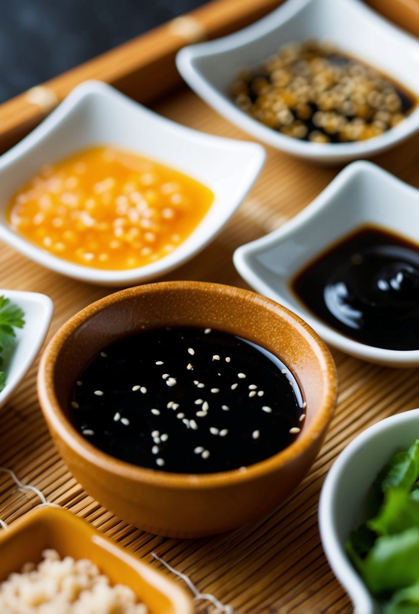 A small dish of miso sesame dipping sauce surrounded by various Asian dipping sauce ingredients on a bamboo serving tray