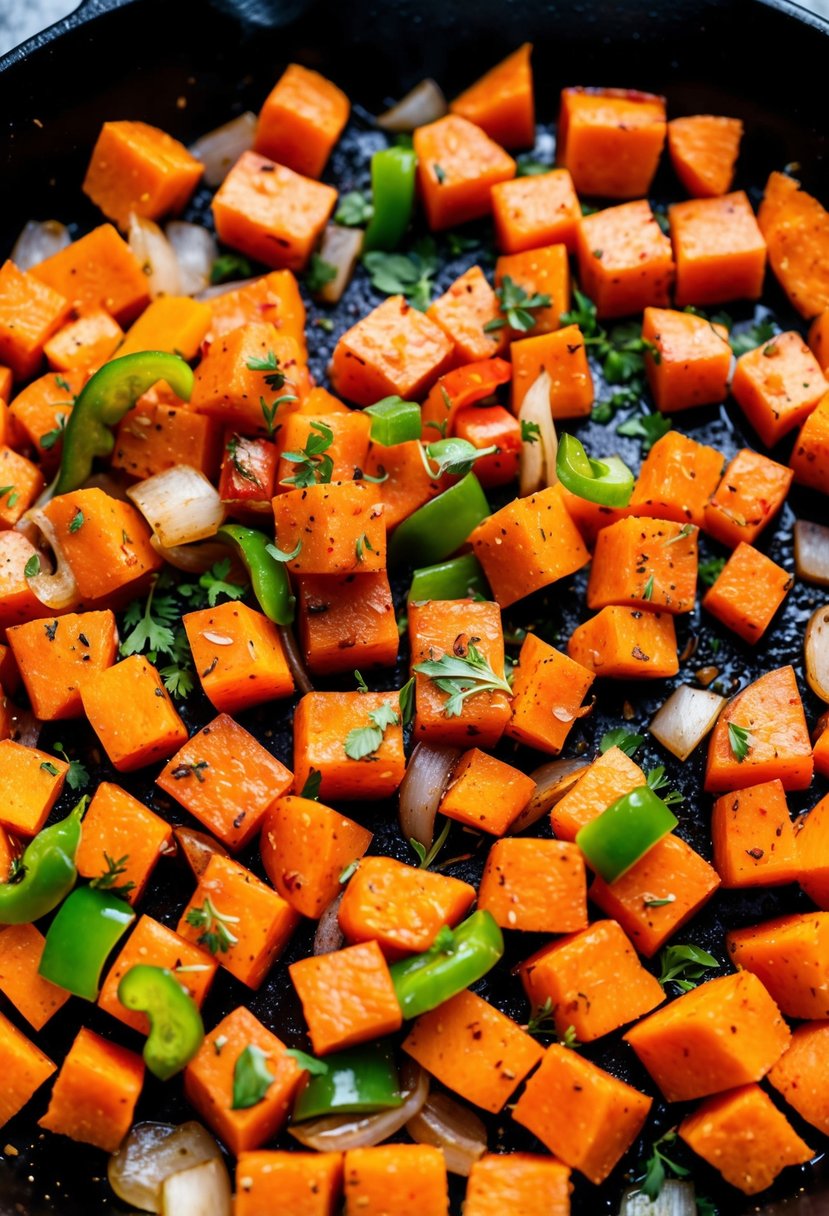 A colorful array of diced sweet potatoes, bell peppers, and onions sizzling in a cast iron skillet, seasoned with aromatic herbs and spices