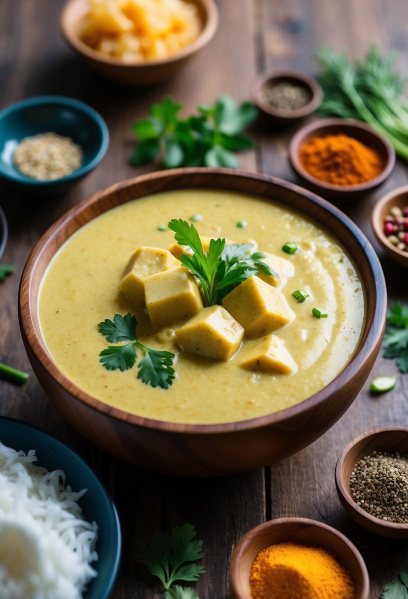 A wooden bowl filled with creamy Thai coconut curry sauce surrounded by colorful spices and fresh herbs on a rustic table