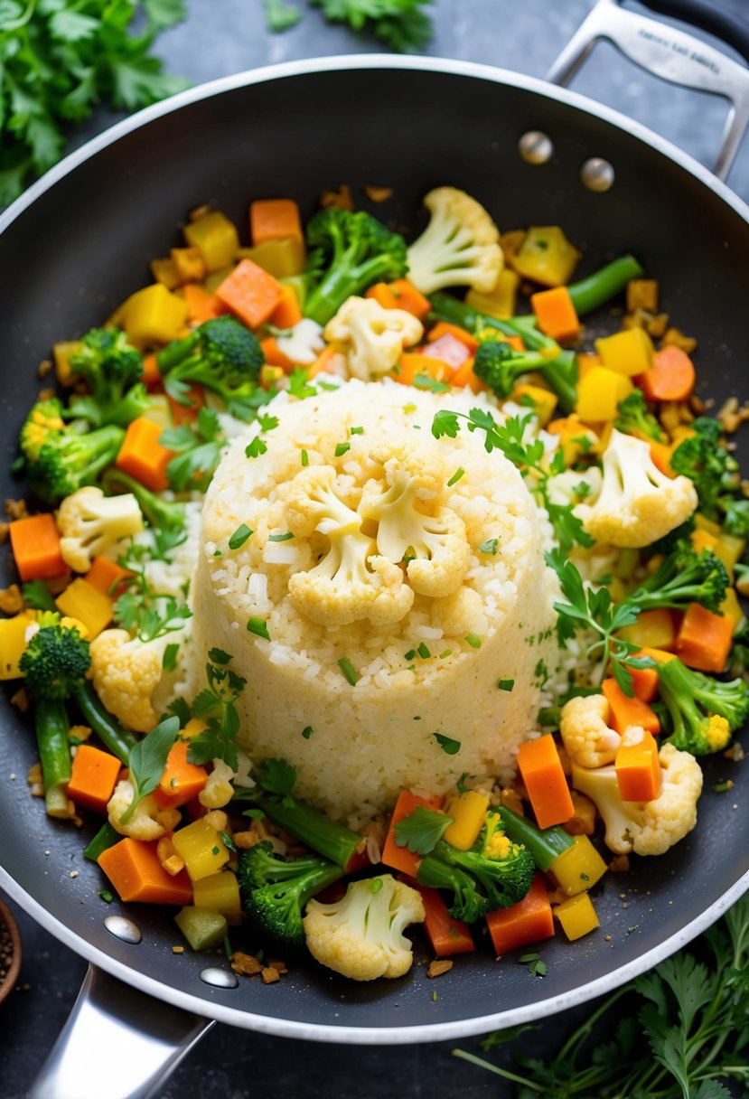 A sizzling pan filled with colorful vegetables and cauliflower rice, steaming and stir-frying together, surrounded by fresh herbs and spices