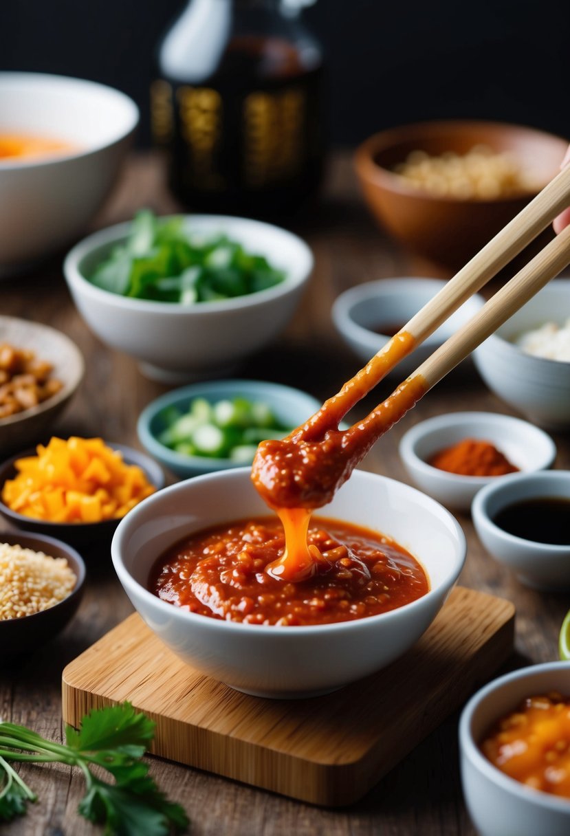 A pair of chopsticks dipping into a small bowl of Korean Gochujang sauce, surrounded by various Asian ingredients and condiments