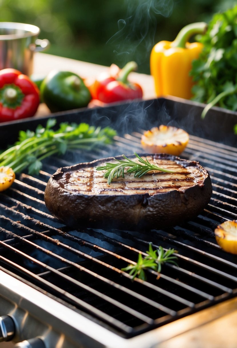 A sizzling portobello mushroom steak grilling on a barbecue, surrounded by fresh vegetables and herbs