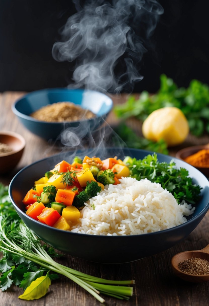 A steaming bowl of colorful vegetables and fluffy rice surrounded by fresh herbs and spices