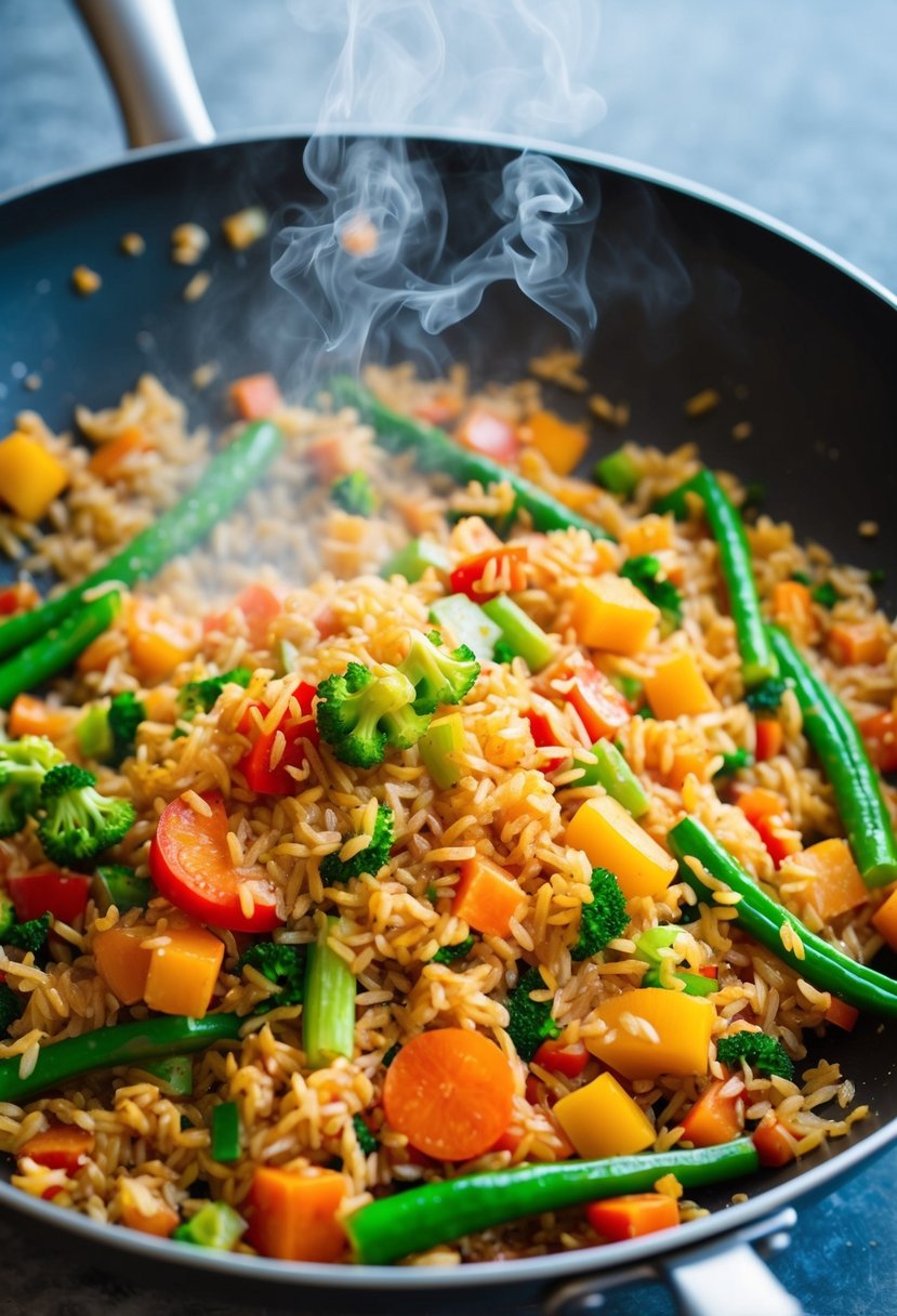 A sizzling pan of colorful veggies and brown rice stir-frying together, emitting a mouthwatering aroma