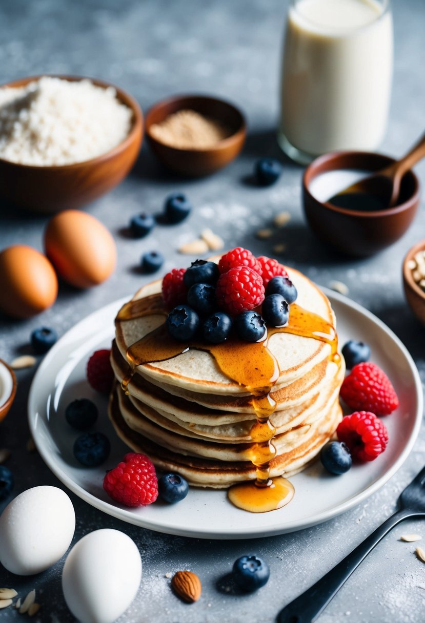 A plate of almond flour pancakes topped with fresh berries and drizzled with maple syrup, surrounded by ingredients like almond flour, eggs, and coconut milk