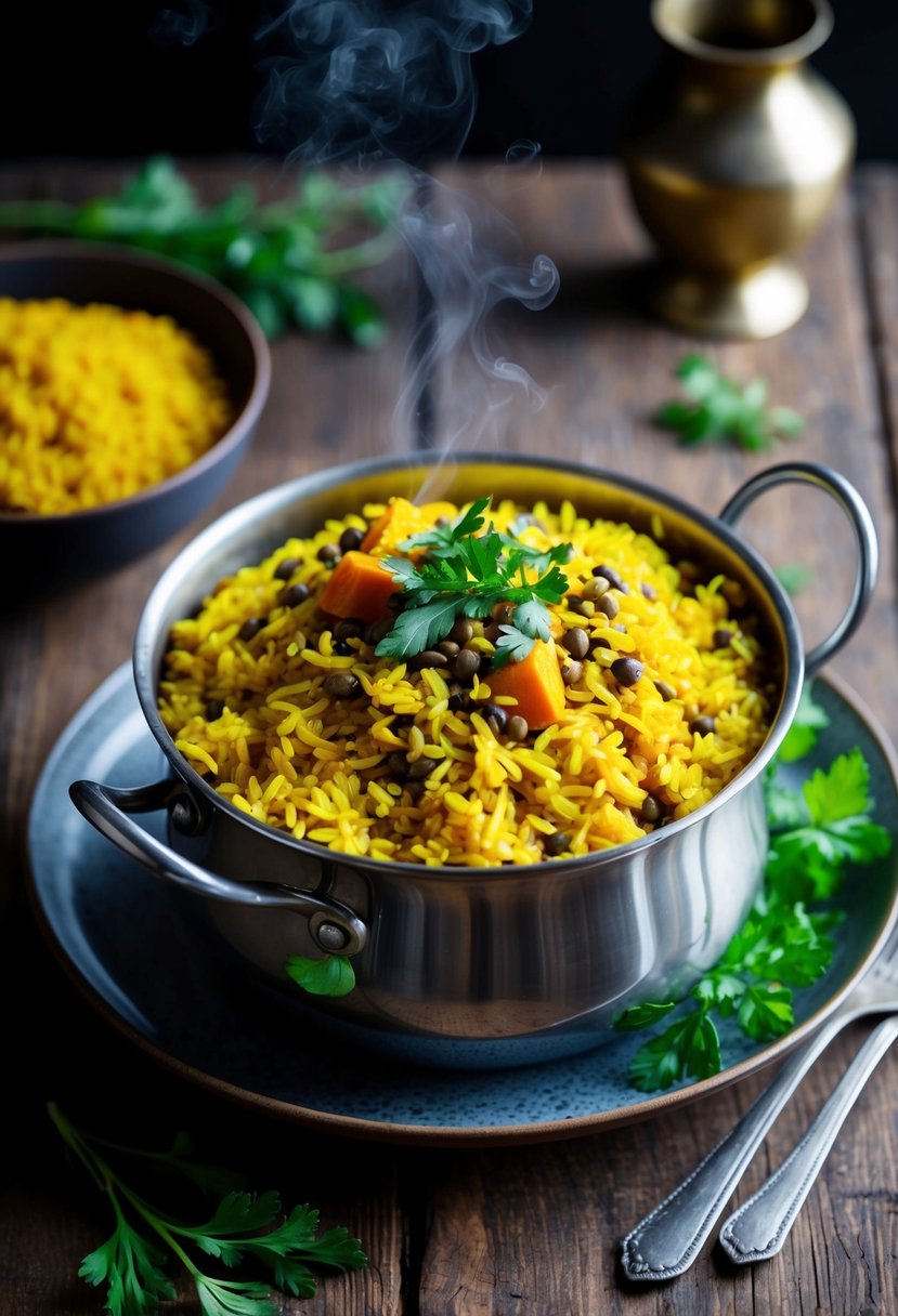 A steaming pot of turmeric rice and lentils, garnished with fresh herbs, sits on a rustic wooden table