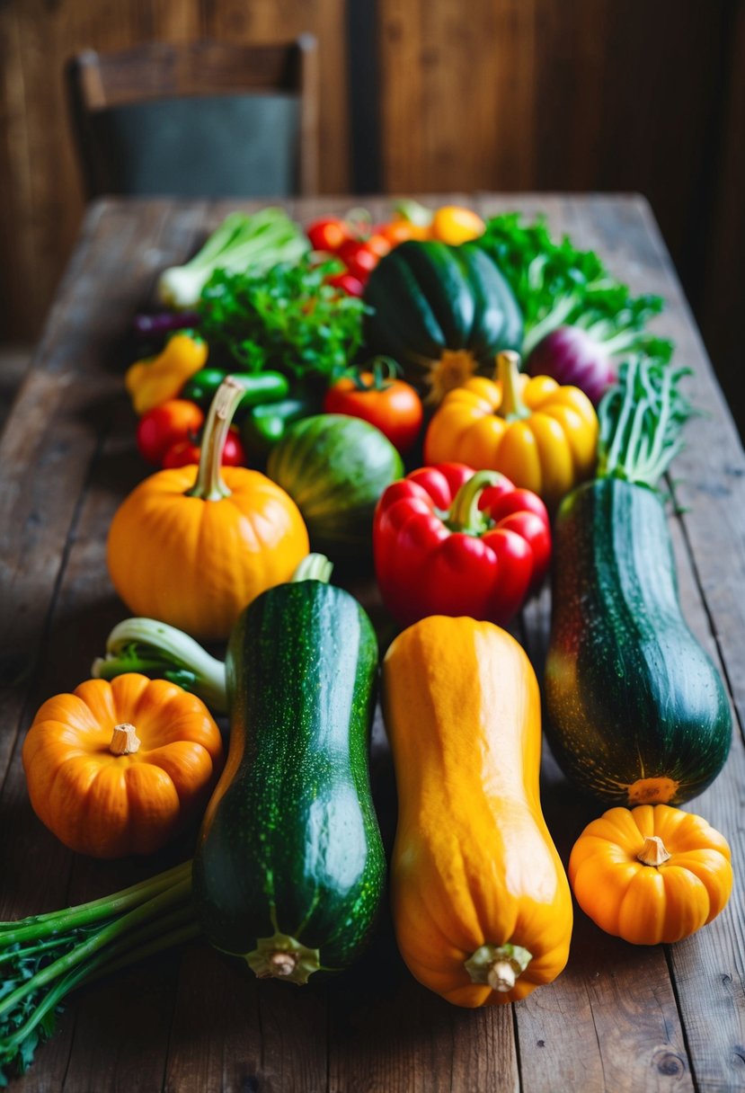 A colorful array of fresh vegetables and spaghetti squash arranged on a rustic wooden table