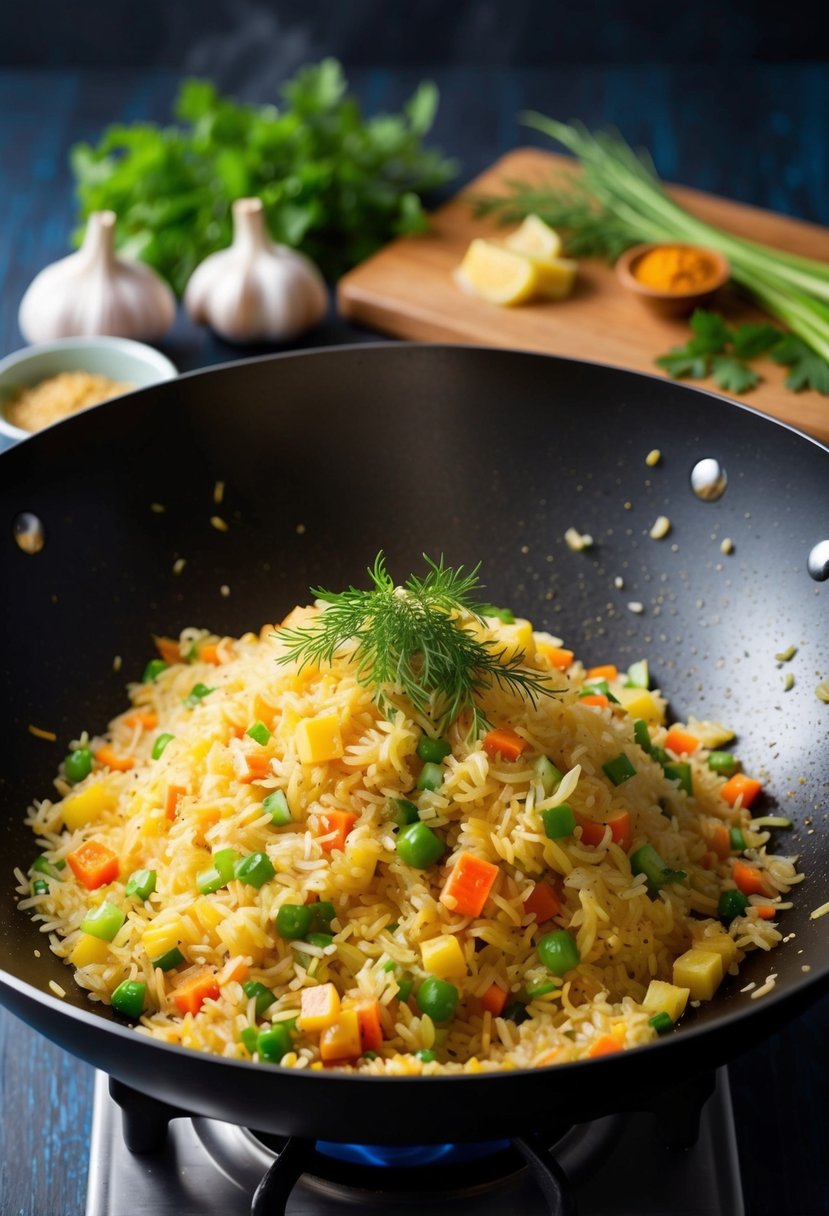 A sizzling wok of garlic ginger fried rice with colorful vegetables and aromatic herbs