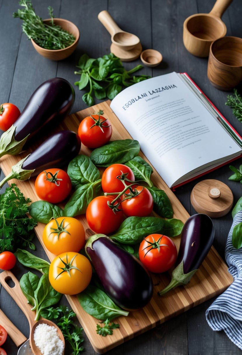 A colorful array of fresh eggplant, tomatoes, spinach, and herbs arranged on a wooden cutting board, surrounded by various kitchen utensils and a cookbook open to a page titled "Eggplant Lasagna."