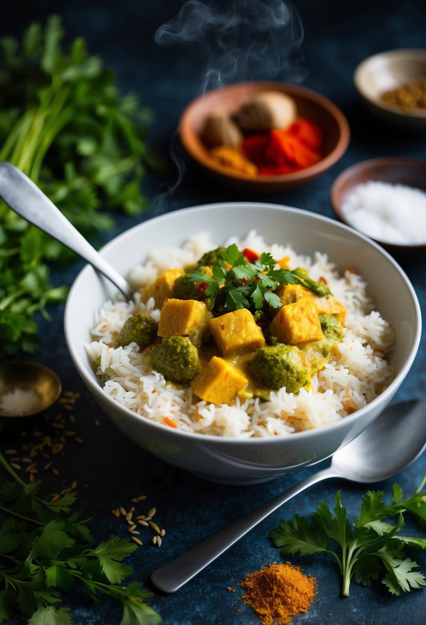 A steaming bowl of coconut curry rice surrounded by vibrant spices and fresh herbs