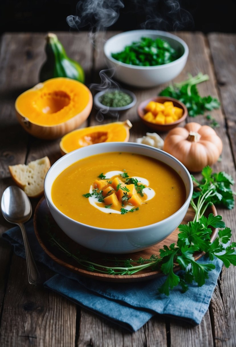 A steaming bowl of butternut squash soup surrounded by fresh vegetables and herbs on a rustic wooden table