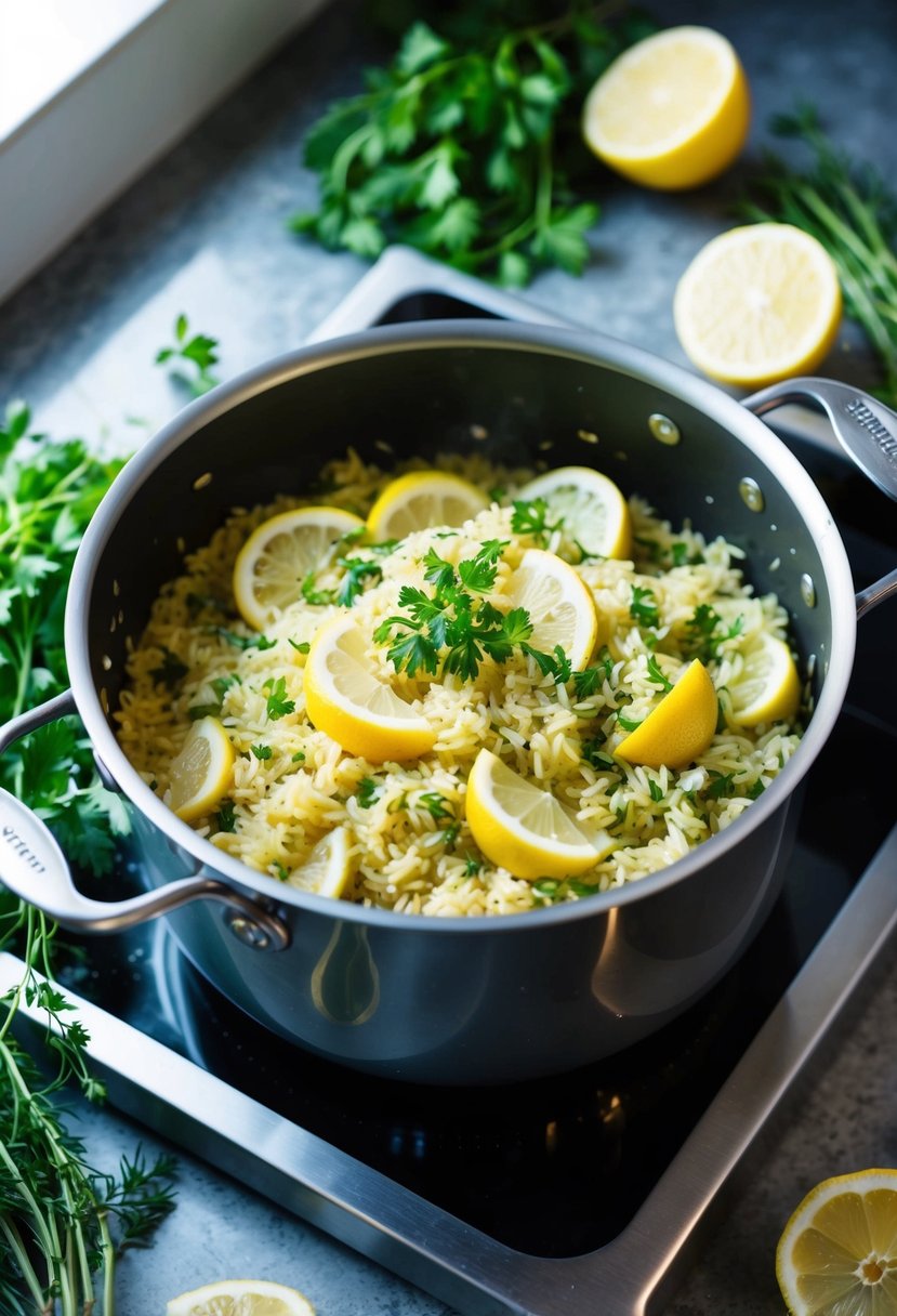 A pot of lemon herb rice pilaf simmering on a stovetop, surrounded by fresh herbs and lemon slices