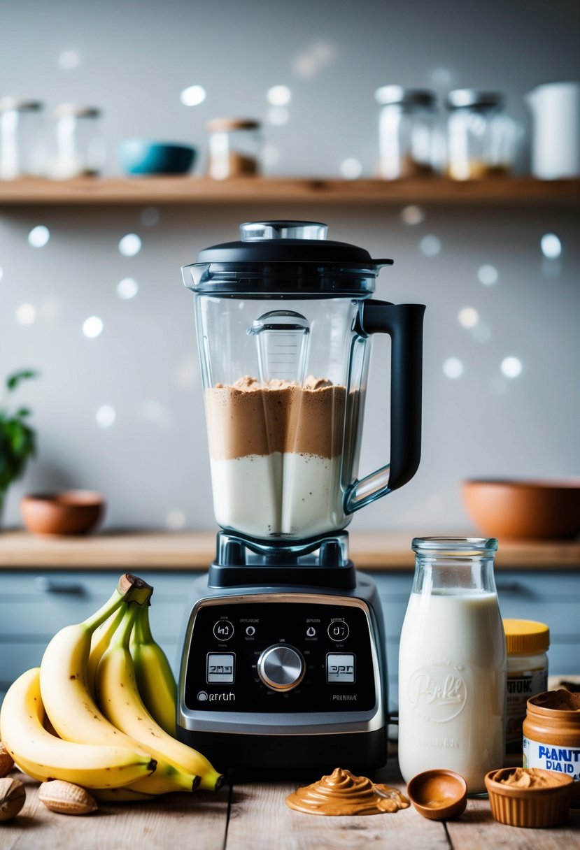 A blender surrounded by ingredients: bananas, protein powder, peanut butter, and milk