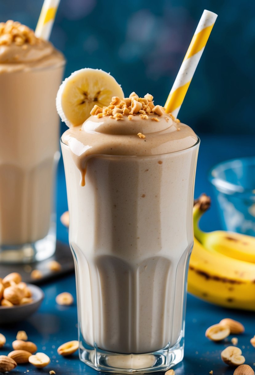 A glass filled with a creamy, frothy peanut butter banana shake, topped with a sprinkle of crushed peanuts and a sliced banana for garnish