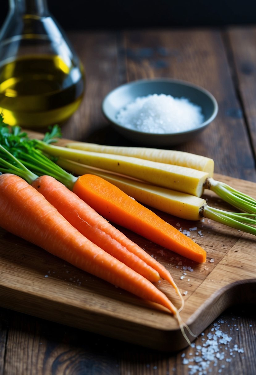 A rustic wooden cutting board with sliced carrots and parsnips, a bowl of olive oil, and a sprinkle of sea salt