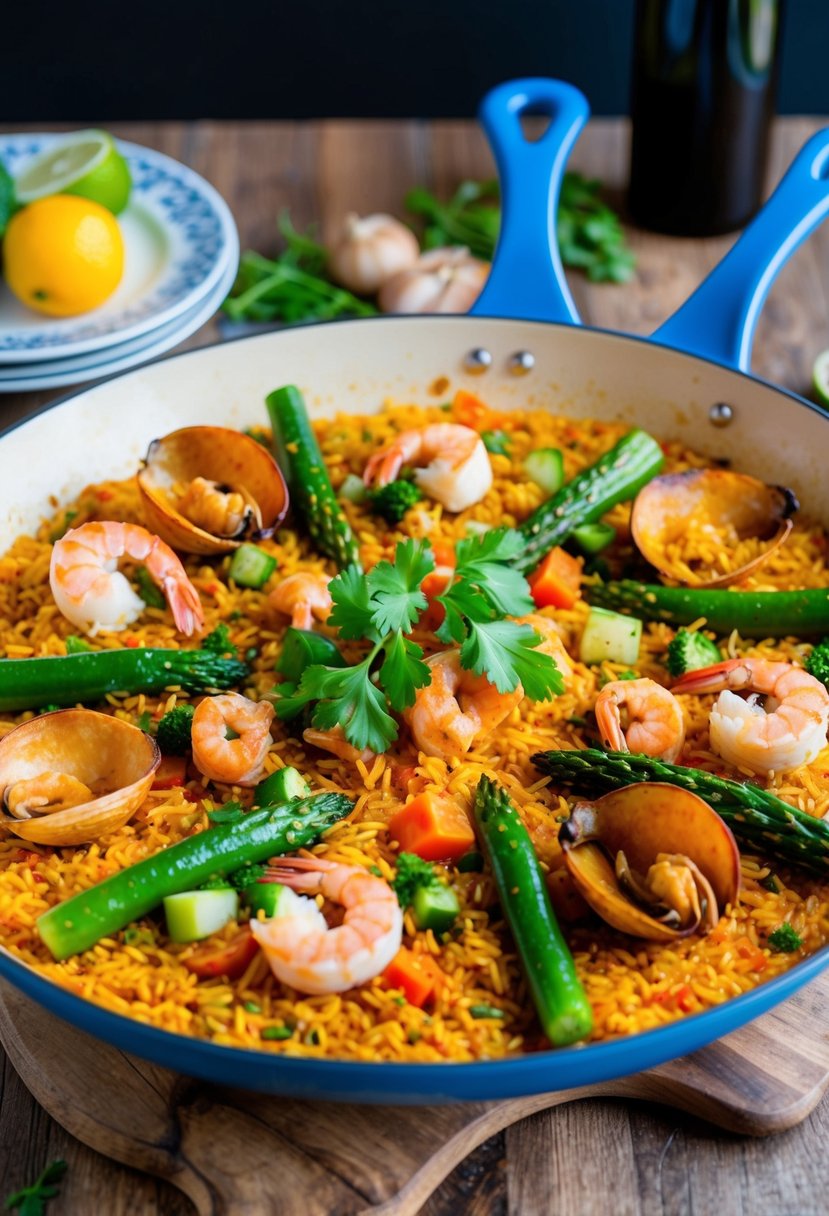 A colorful pan filled with Spanish paella, featuring a variety of vegetables and seafood, cooked with healthy brown rice