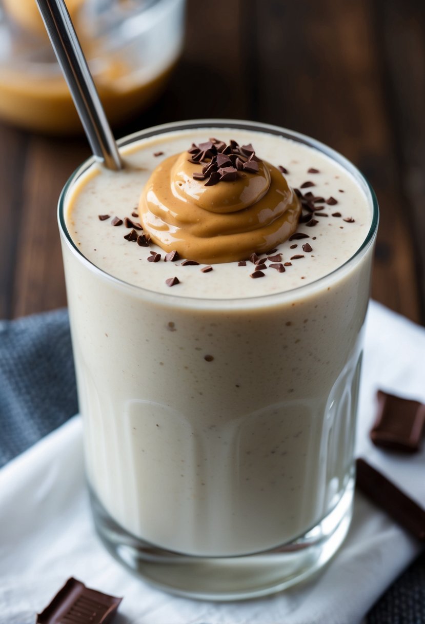 A glass filled with a thick, creamy protein shake, topped with a dollop of peanut butter and sprinkled with chocolate shavings