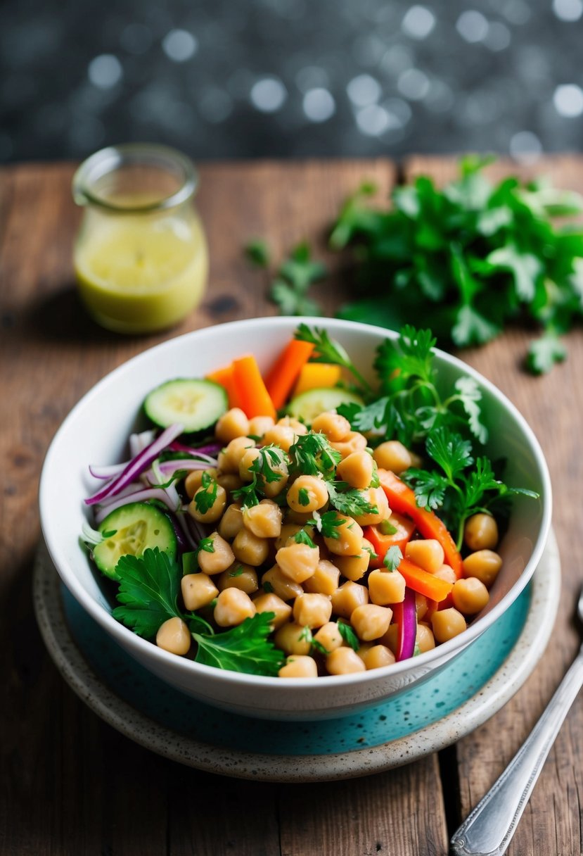 A colorful bowl filled with chickpeas, mixed vegetables, and fresh herbs, drizzled with a light vinaigrette, sits on a rustic wooden table