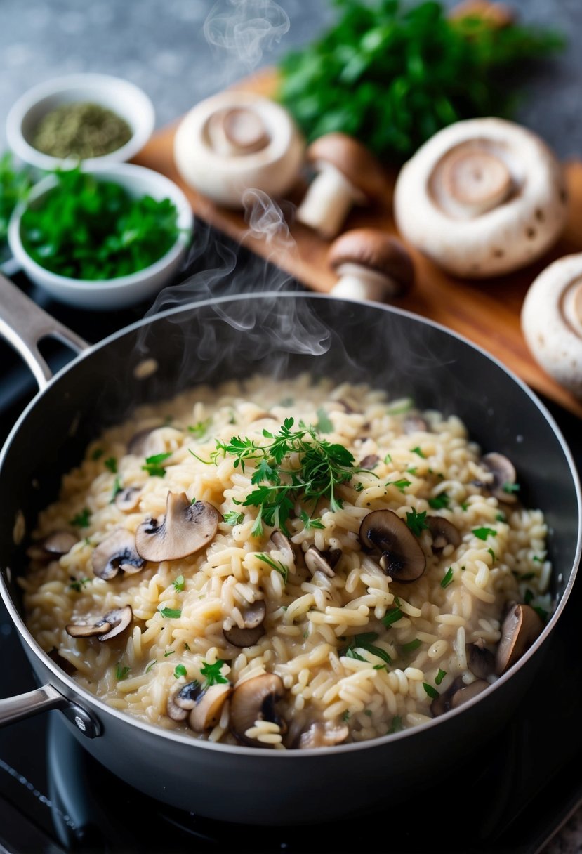 A steaming pot of creamy mushroom risotto simmering on the stove, surrounded by fresh ingredients like Arborio rice, mushrooms, and herbs