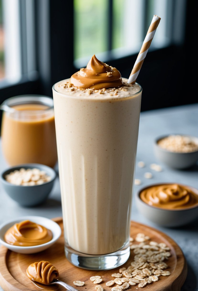 A tall glass filled with a creamy peanut butter oatmeal protein shake, topped with a sprinkle of oats and a dollop of peanut butter