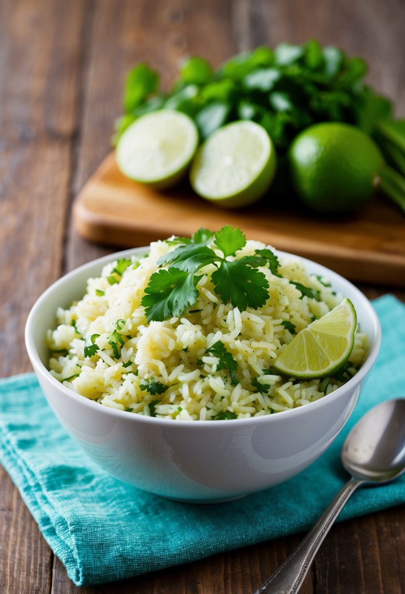 A bowl of fluffy cilantro lime rice garnished with fresh cilantro leaves and wedges of lime, set on a wooden table