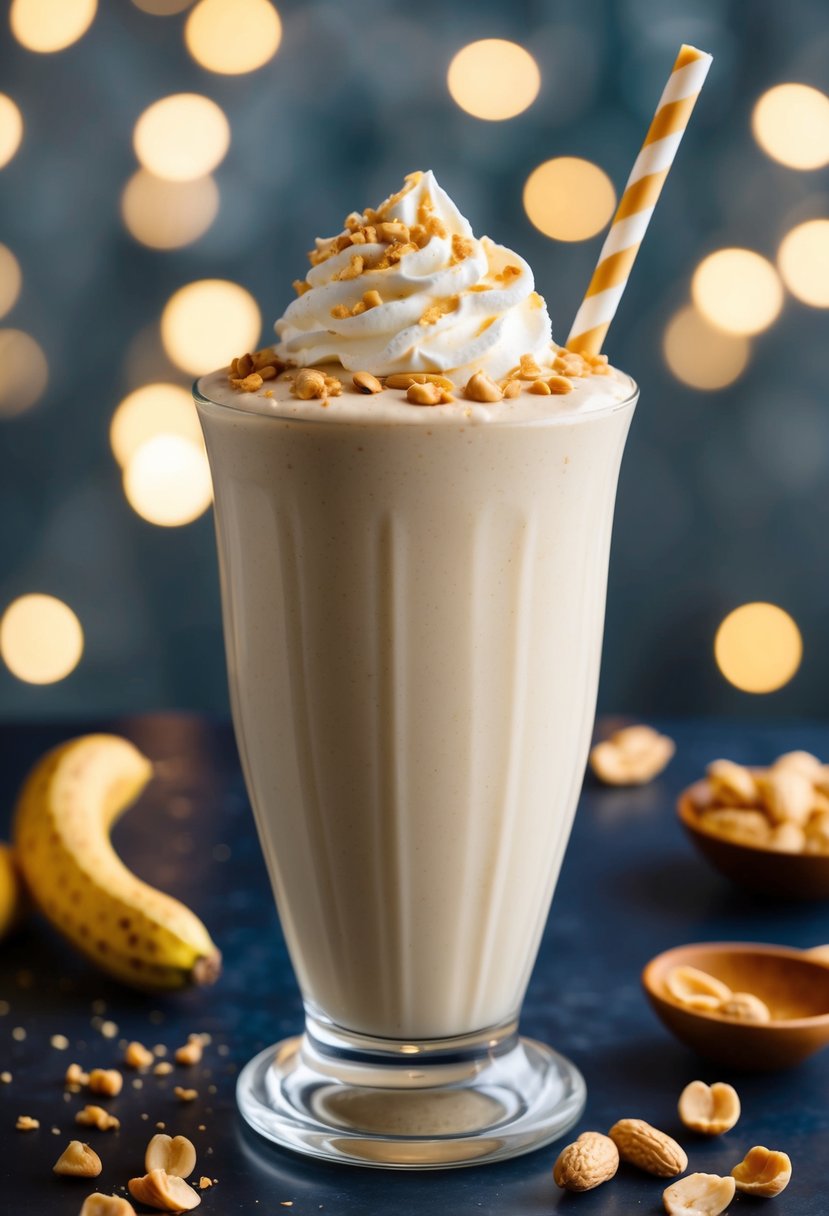 A glass filled with a creamy vanilla peanut butter protein shake, topped with a sprinkle of crushed peanuts and a dollop of whipped cream