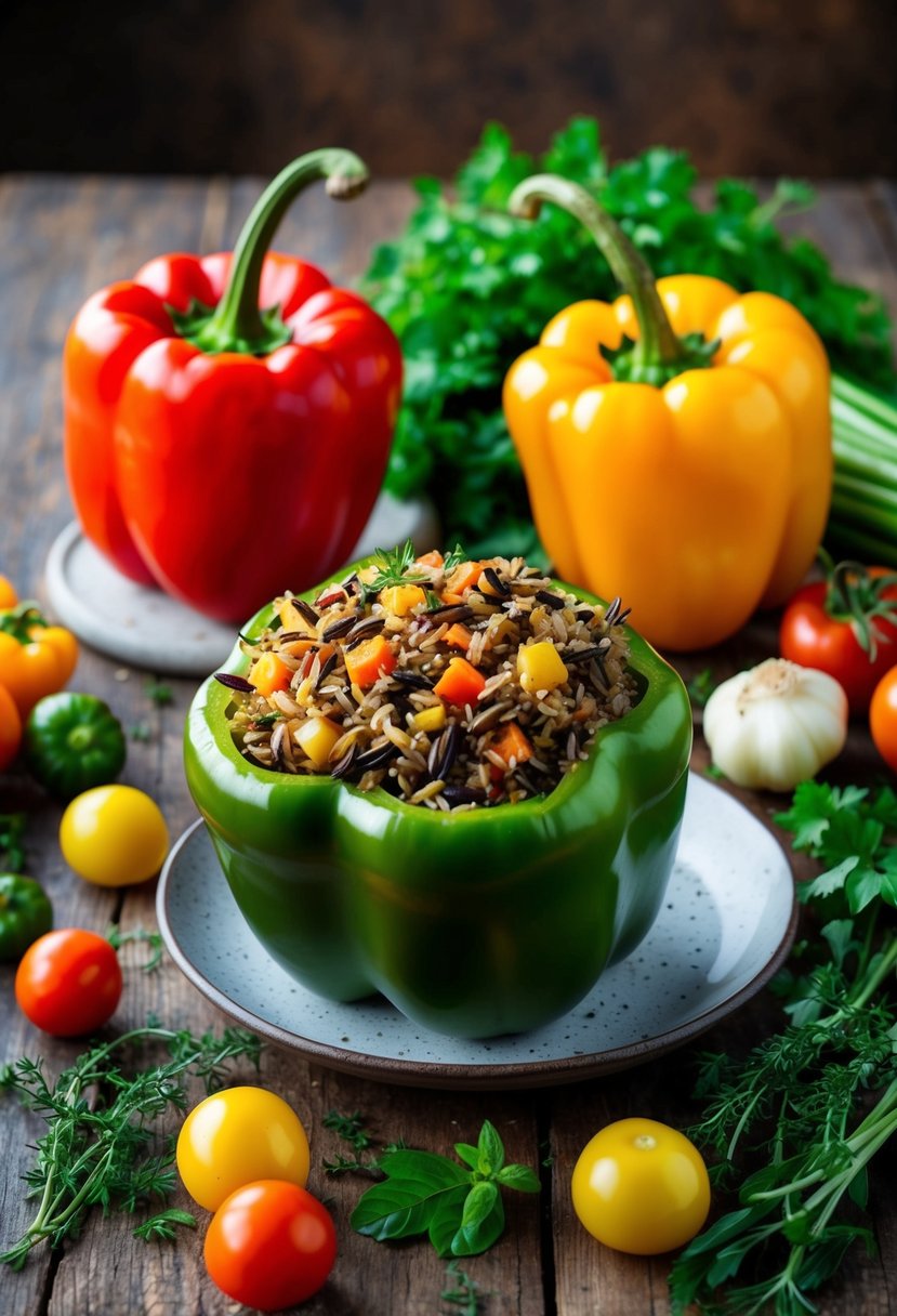 Bell peppers stuffed with wild rice, surrounded by vibrant vegetables and herbs on a rustic wooden table