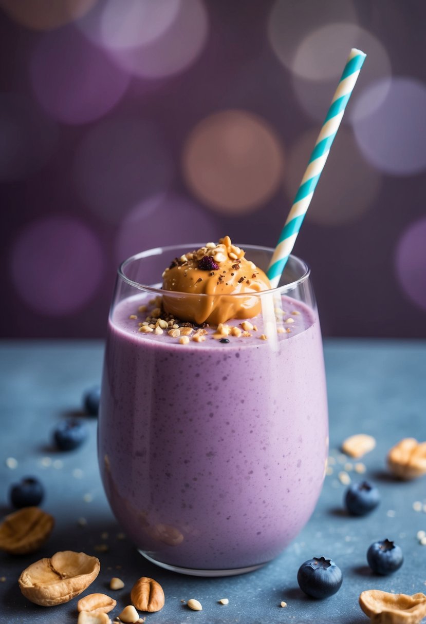 A glass filled with a creamy, purple smoothie topped with a dollop of peanut butter and sprinkled with crushed berries and nuts