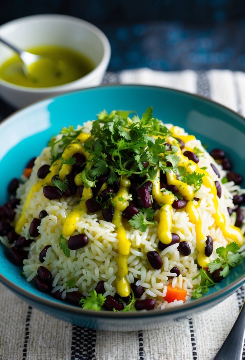 A colorful bowl of jasmine rice and black bean salad topped with fresh herbs and drizzled with a zesty vinaigrette