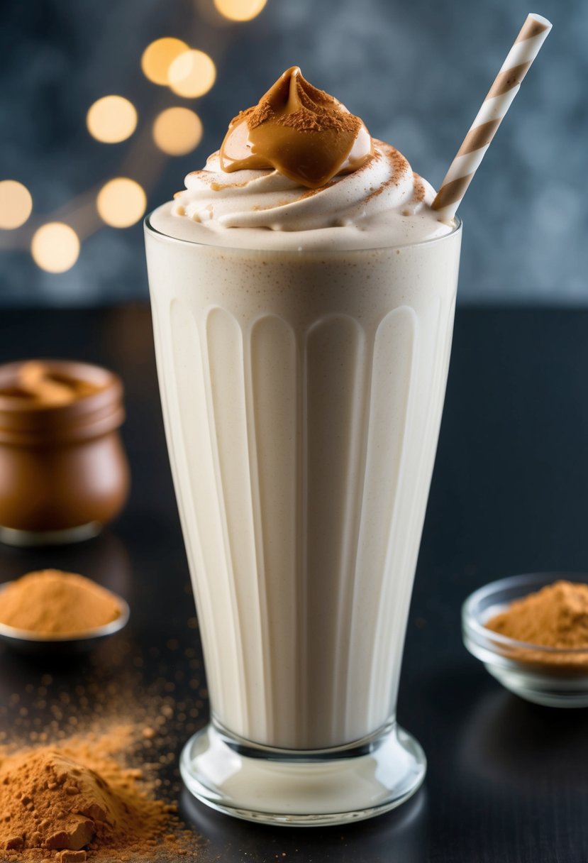 A glass filled with a creamy protein shake, topped with a dollop of peanut butter and a sprinkle of cocoa powder