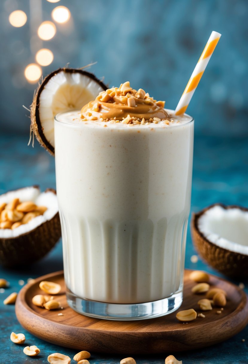 A glass filled with a creamy coconut peanut butter protein shake, topped with a sprinkle of crushed peanuts and a coconut slice