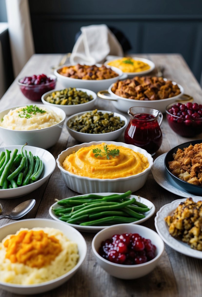 A table set with a variety of Thanksgiving dinner side dishes, including mashed potatoes, green bean casserole, stuffing, and cranberry sauce