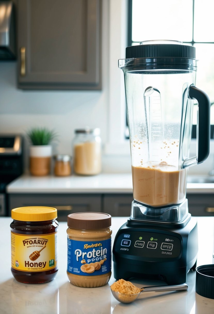 A jar of honey, a jar of peanut butter, and a scoop of protein powder sit on a kitchen counter next to a blender