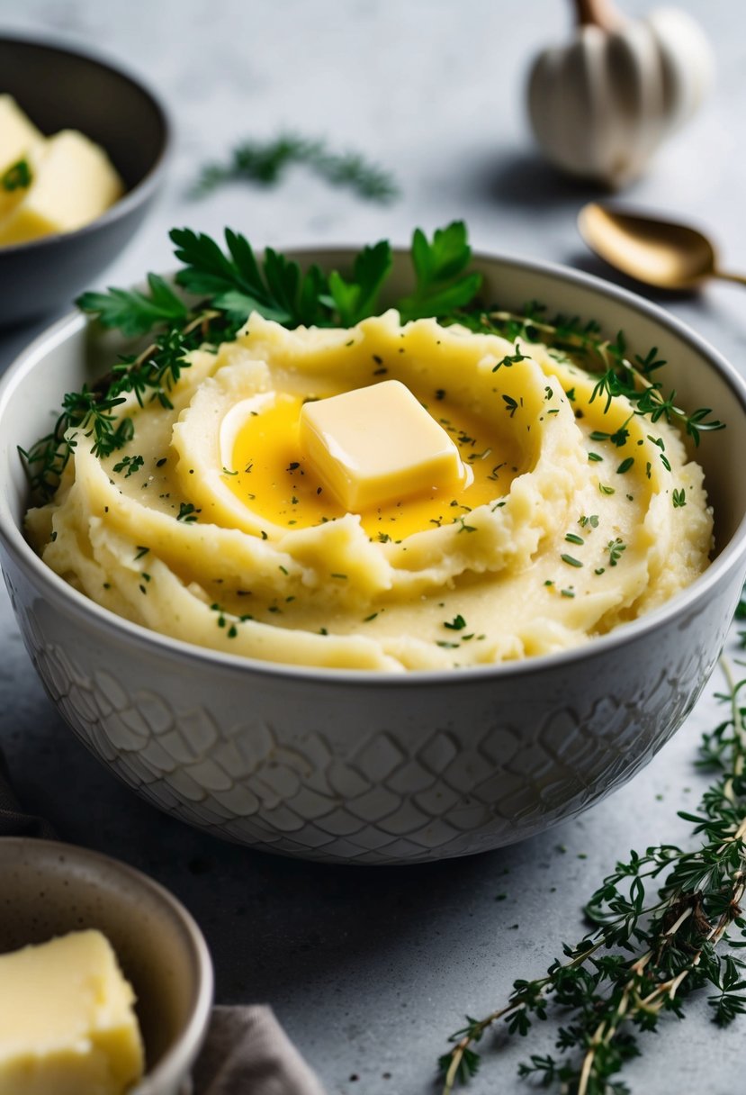 A steaming bowl of creamy garlic mashed potatoes surrounded by fresh herbs and a dollop of butter, ready to be served as a Thanksgiving dinner side