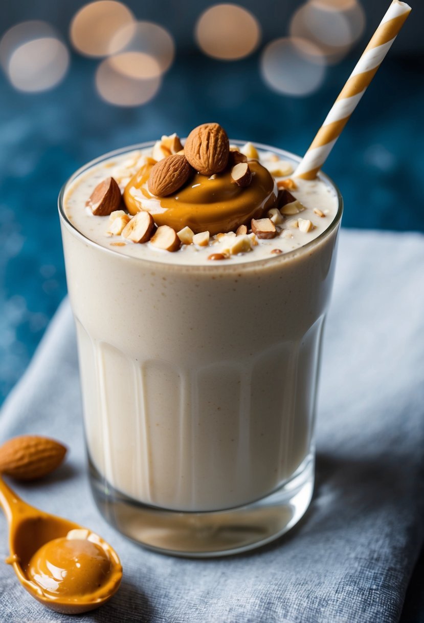 A glass filled with a creamy protein shake, topped with crushed almonds and a dollop of peanut butter