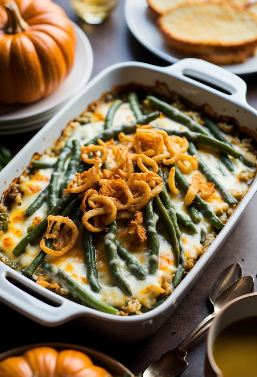 A bubbling casserole dish filled with green beans, creamy sauce, and crispy fried onions, surrounded by Thanksgiving dinner sides