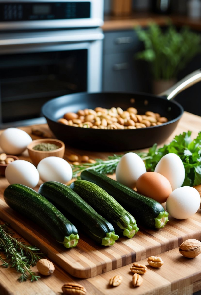 Fresh zucchinis, nuts, and eggs arranged on a wooden cutting board, surrounded by herbs and spices. A skillet and oven are visible in the background