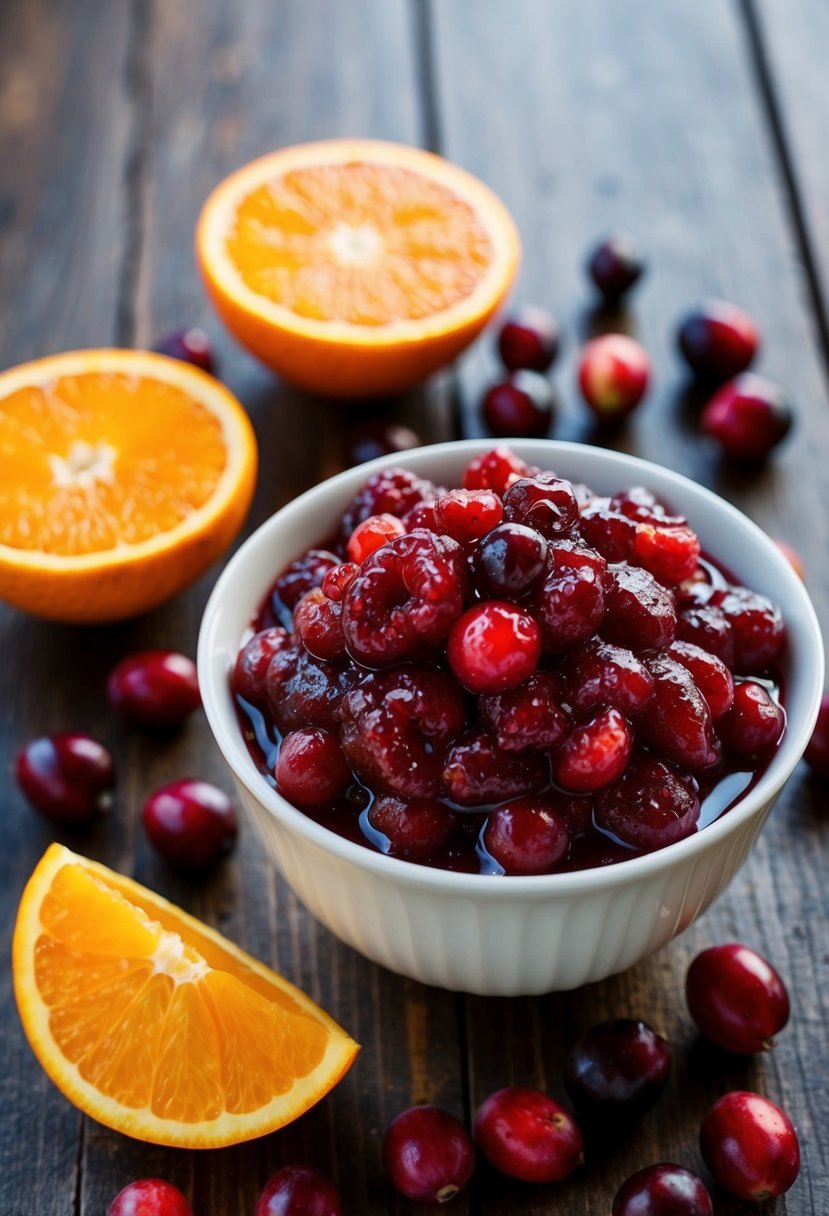 A bowl of cranberry orange relish surrounded by fresh cranberries and oranges on a wooden table