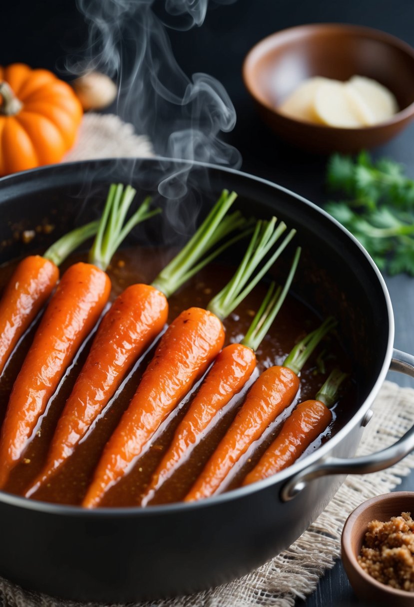 A pot of carrots simmering in a rich brown sugar glaze, steam rising, ready to be served as a Thanksgiving dinner side